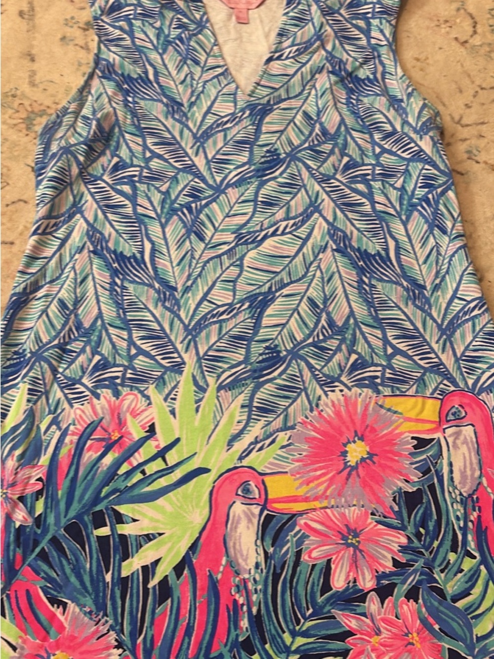 LILY P. Tropical Leaf & Flamingo Print Sleeveless Dress - Blue Pink Green.
